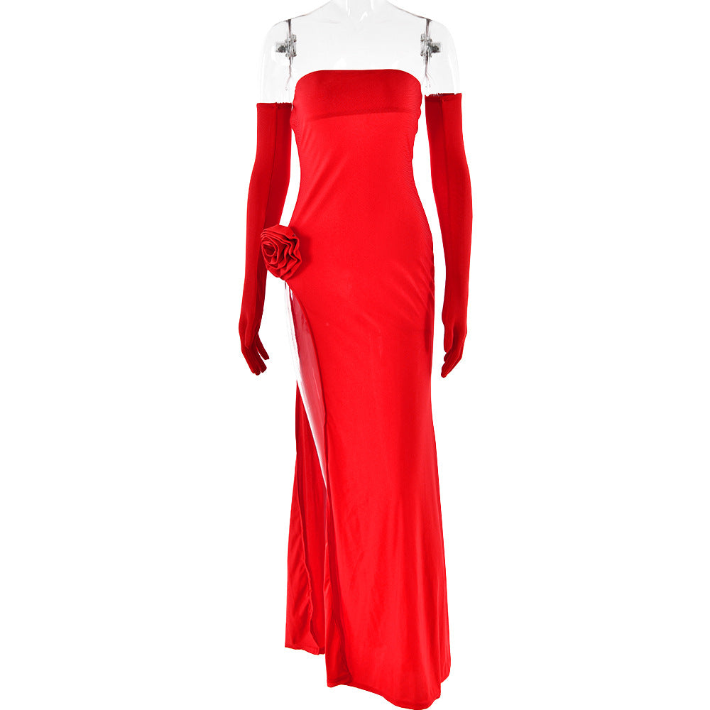 Strapless Floral Inlay Backless Slit Maxi Dress – High Waist Slim Fit