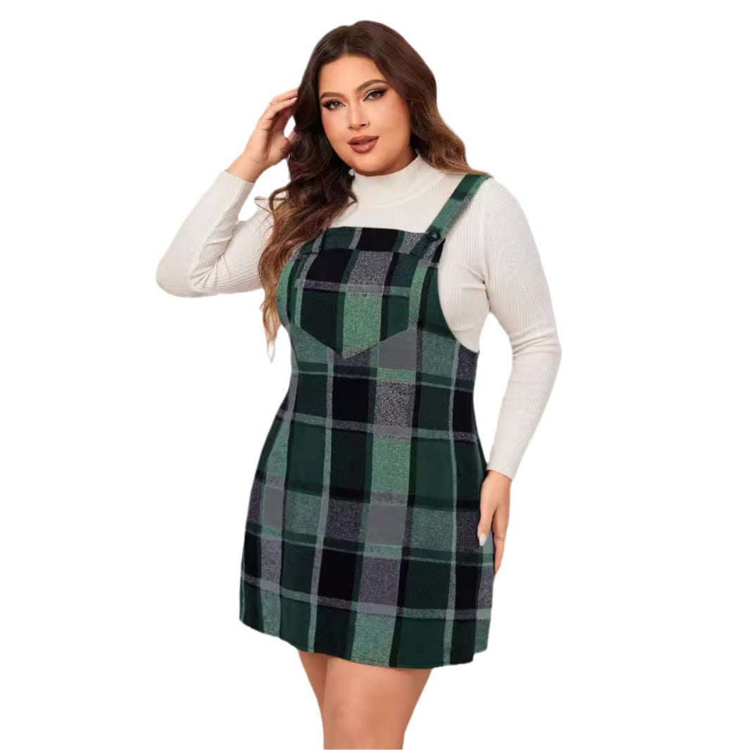 Plaid Pinafore Maxi Dress – Oversized Long Sleeve A-Line Dress with Pockets