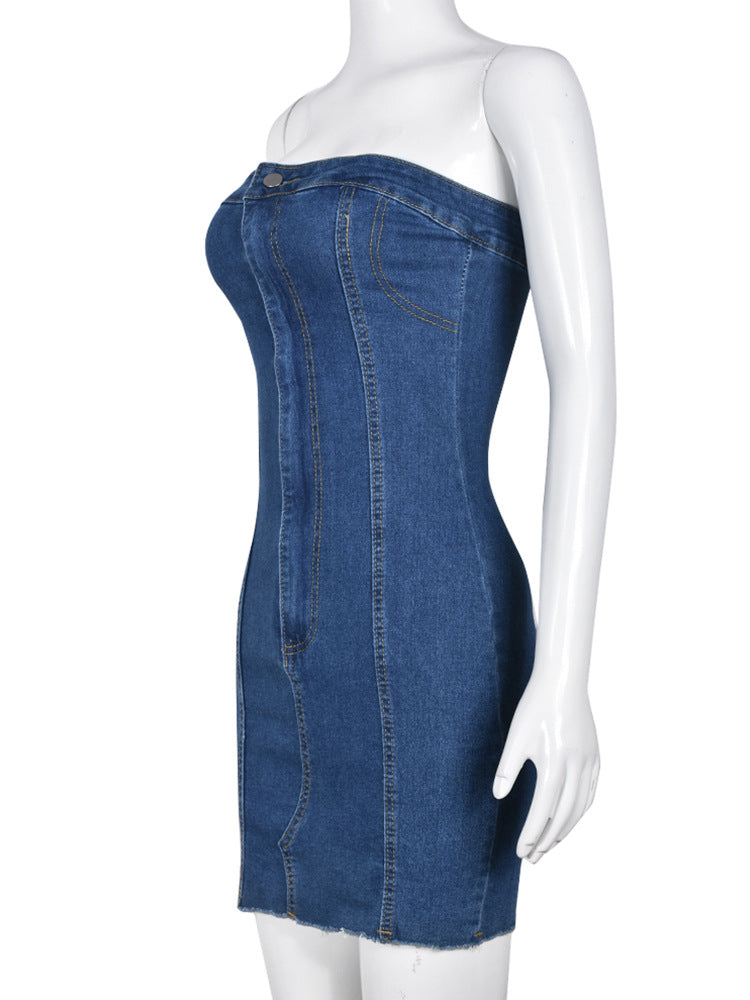 Denim Strapless Bodycon Mini Dress – Slim Fit Hip-Hugging Dress