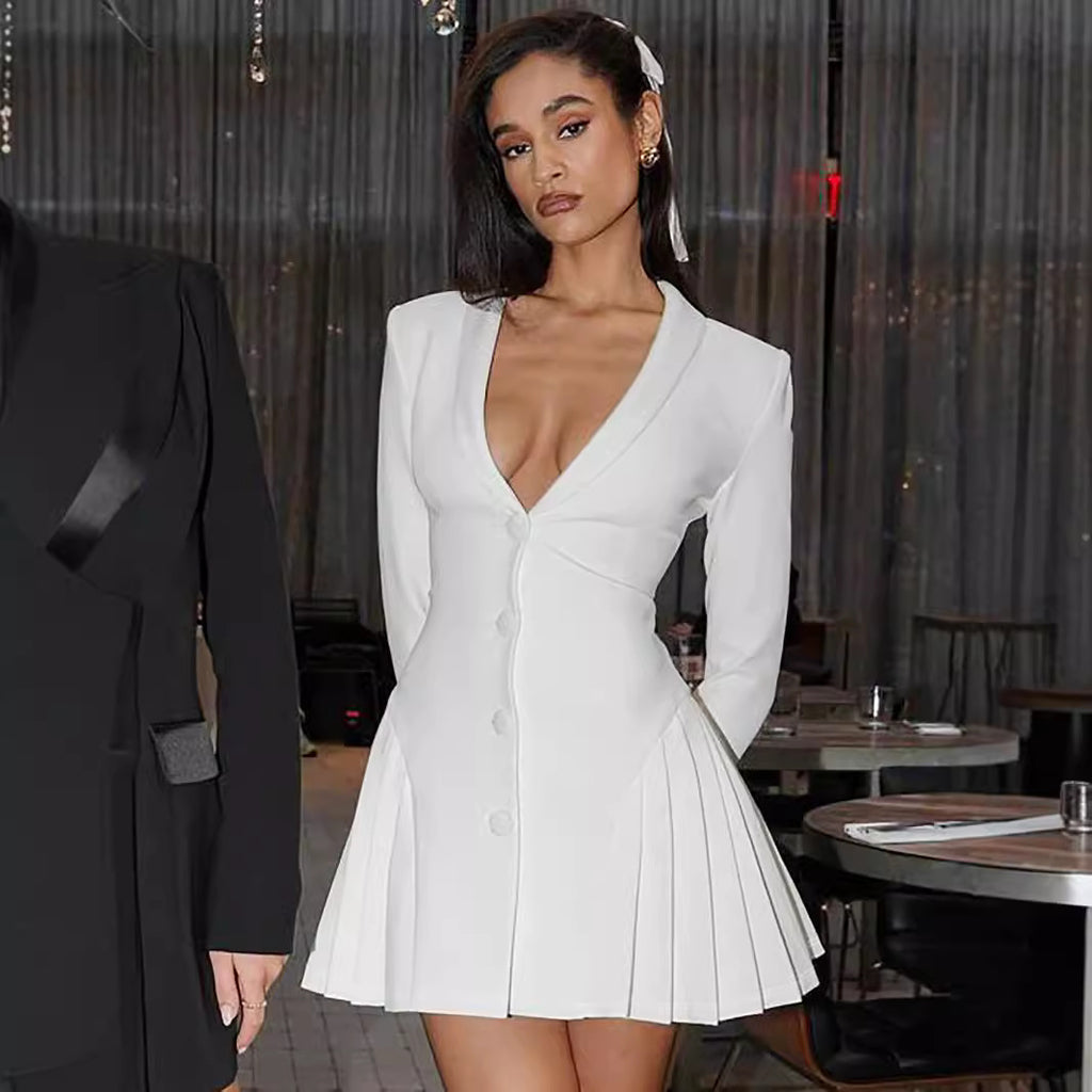 Deep V-Neck Blazer Mini Dress – Long Sleeve High Waist Dress