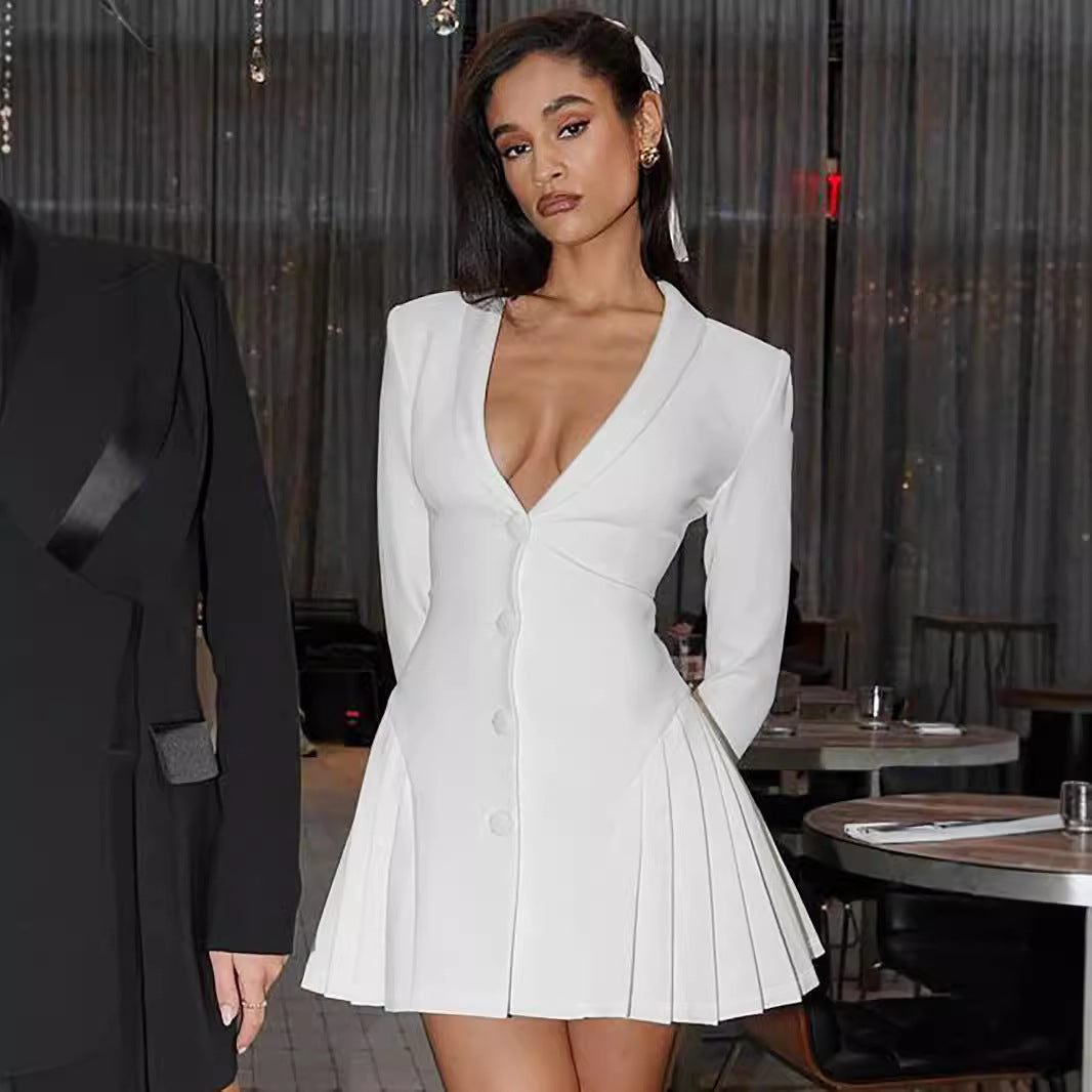 Deep V-Neck Blazer Mini Dress – Long Sleeve High Waist Dress
