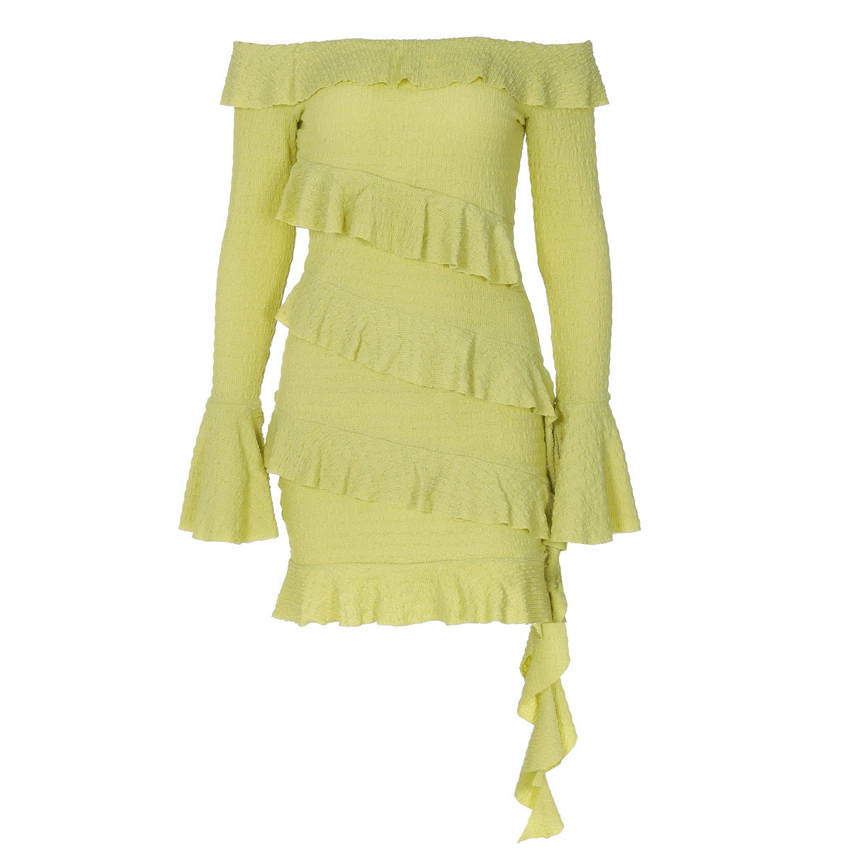 One-Shoulder Ruffle Sleeve Ribbon Mini Dress – Slim Fit Long Sleeve Dress
