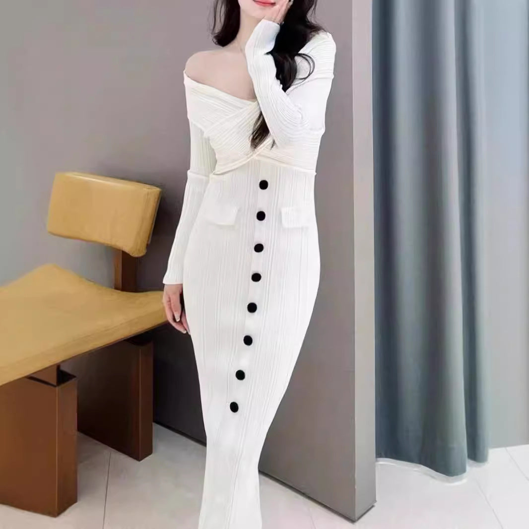 One-Shoulder Knitted Maxi Dress – Slim Fit Hip-Hugging Evening Dress
