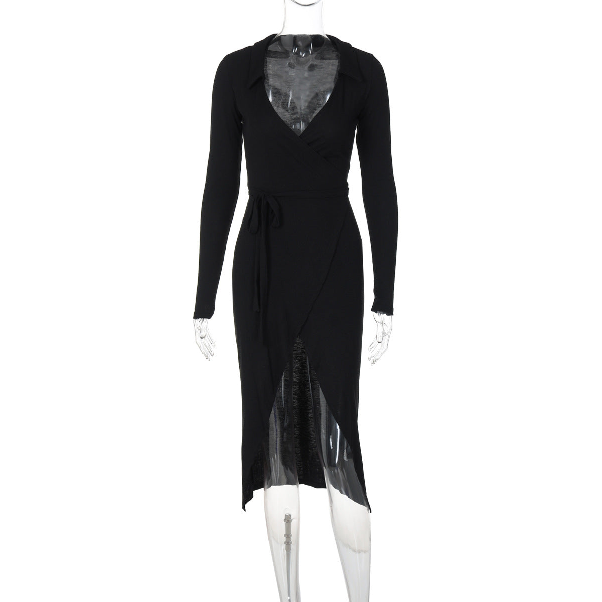 Tie-Waist Long Sleeve Split Midi Dress – Slim Fit Bodycon