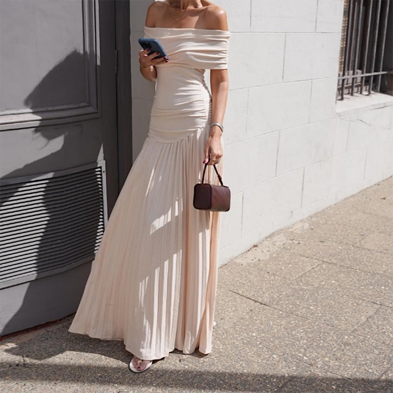 Pleated Strapless Bodycon Maxi Dress – High Waist Slim Fit Dress