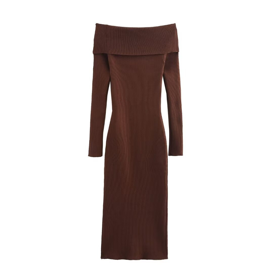 One-Shoulder Knit Maxi Dress – Slim Fit Long Sleeve