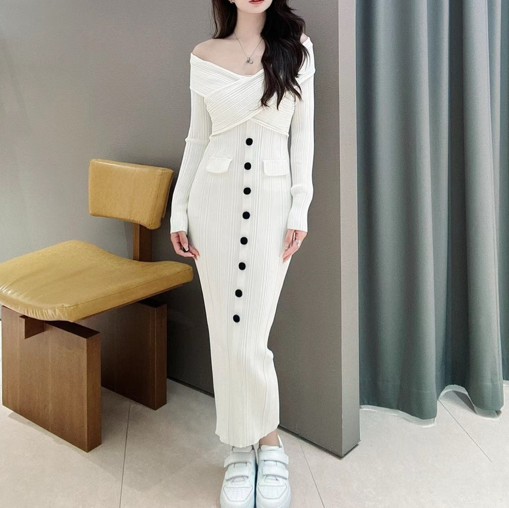 One-Shoulder Knitted Maxi Dress – Slim Fit Hip-Hugging Evening Dress