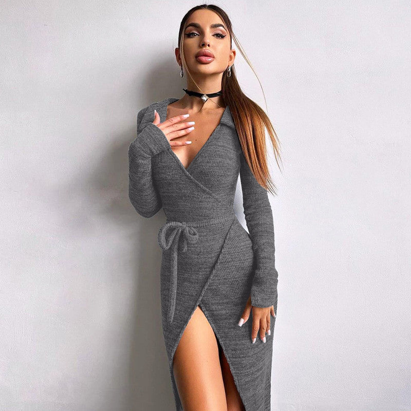 Tie-Waist Long Sleeve Split Midi Dress – Slim Fit Bodycon