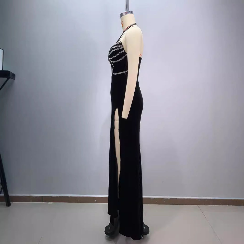Backless Diamanté Halter Maxi Dress – Slim Fit Slit Evening Gown