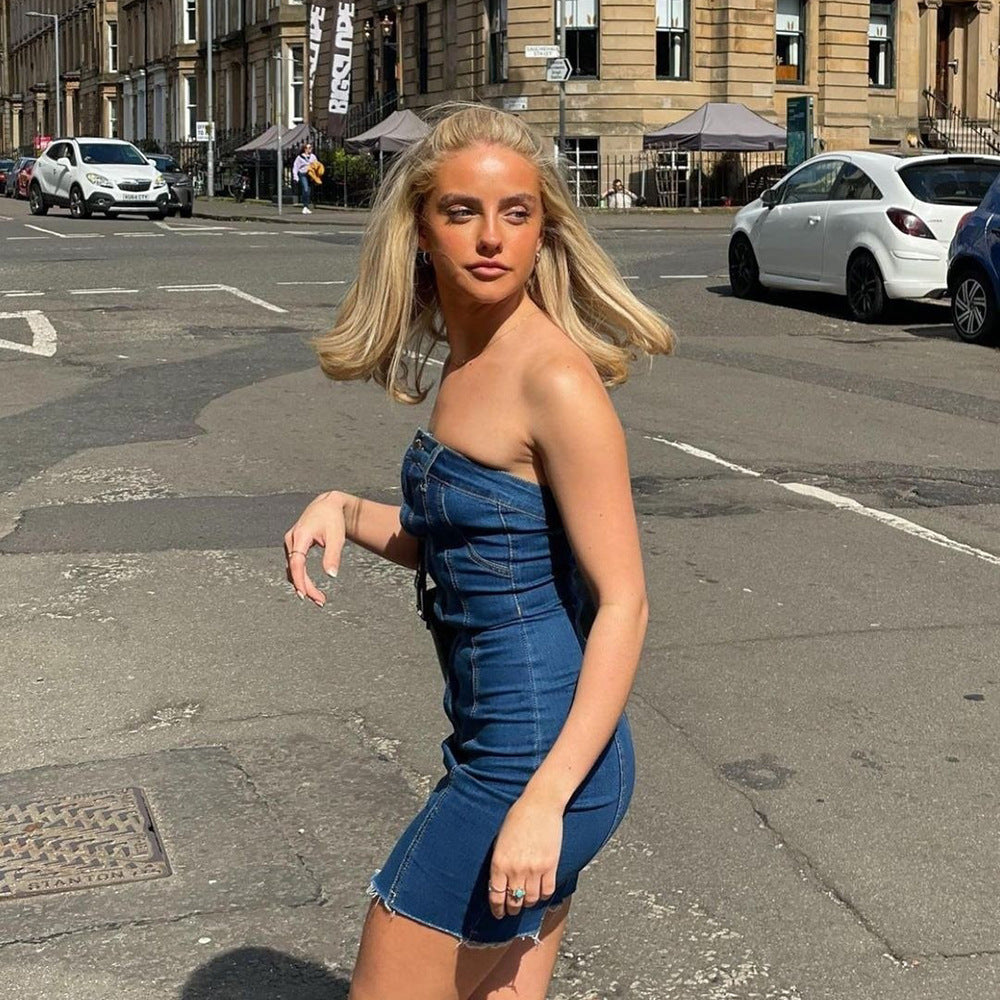 Denim Strapless Bodycon Mini Dress – Slim Fit Hip-Hugging Dress