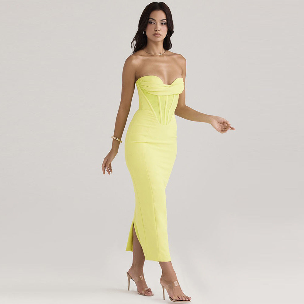 Strapless Fishbone Boned Slit Midi Dress – Sleeveless Bodycon Dress