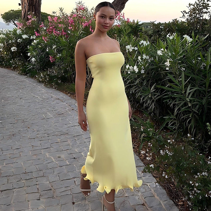 Strapless Ruffle Hem Maxi Dress – Slim Fit Sleeveless Dress