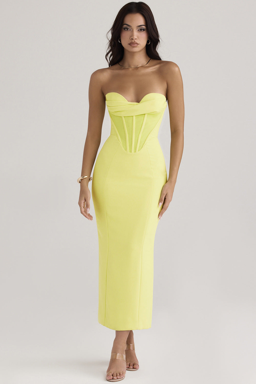 Strapless Fishbone Boned Slit Midi Dress – Sleeveless Bodycon Dress