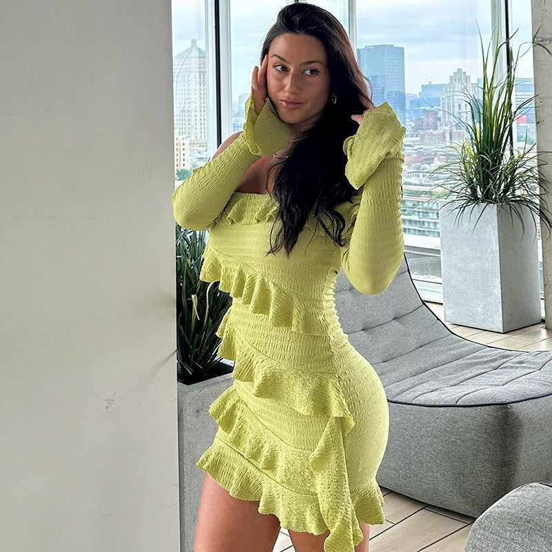 One-Shoulder Ruffle Sleeve Ribbon Mini Dress – Slim Fit Long Sleeve Dress