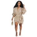 Linen V-Neck Lace-Up Midi Dress – Lantern Sleeve Casual Dress