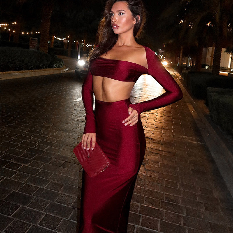 Strapless Crop Top & High-Waist Maxi Skirt Two-Piece Set – Slim Fit Long Sleeve