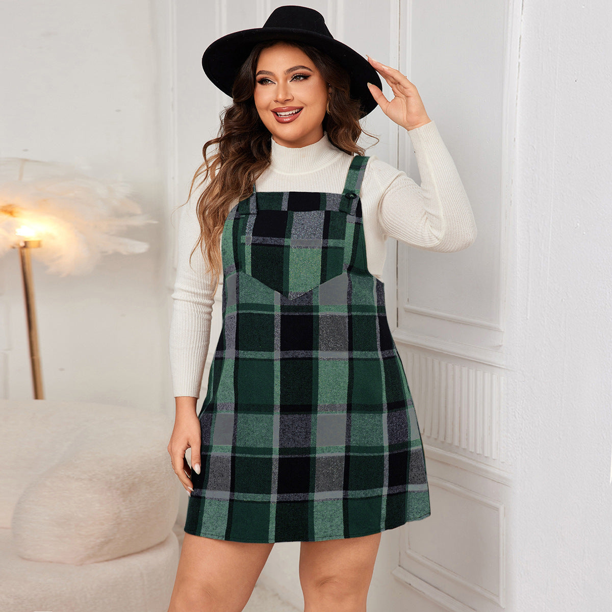 Plaid Pinafore Maxi Dress – Oversized Long Sleeve A-Line Dress with Pockets