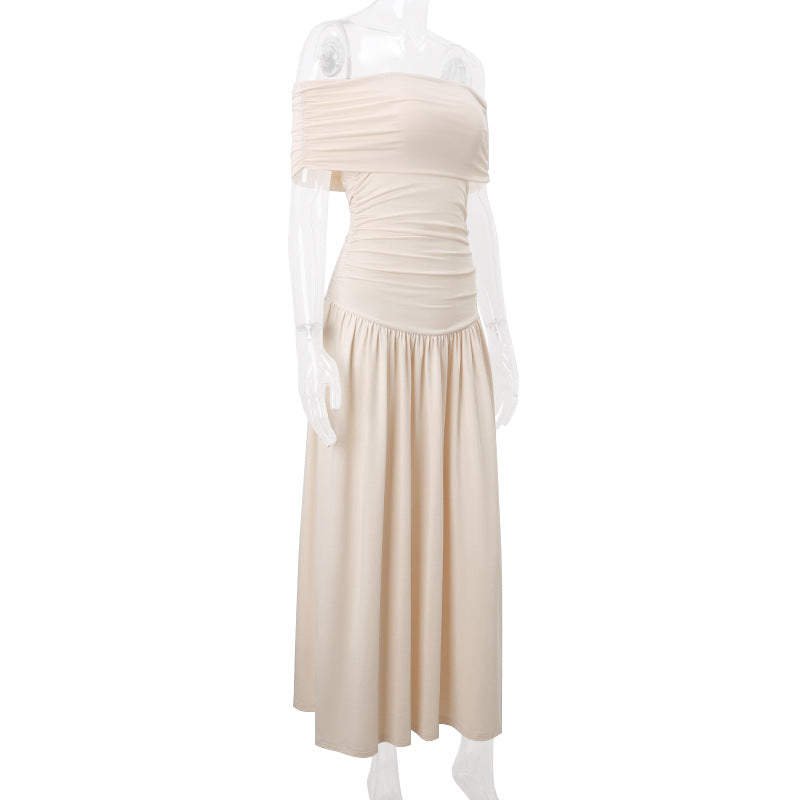 Pleated Strapless Bodycon Maxi Dress – High Waist Slim Fit Dress