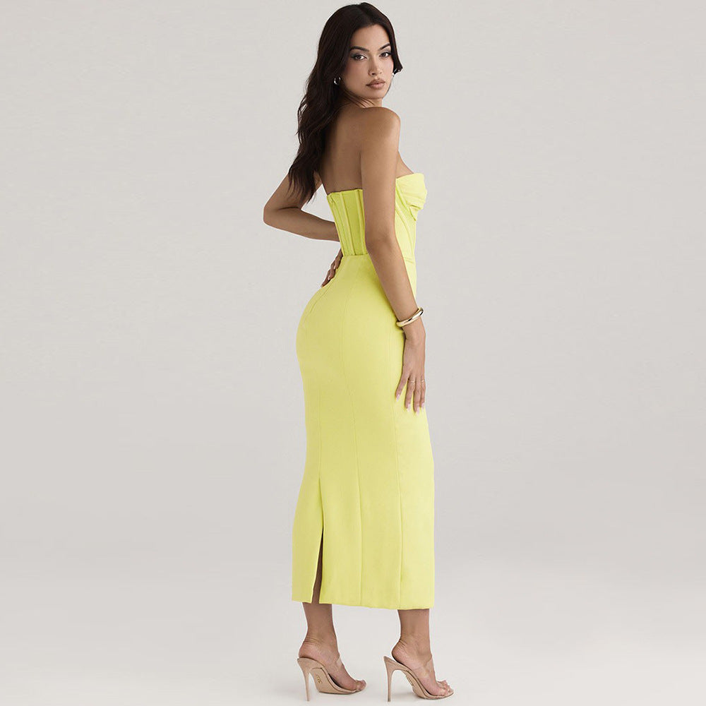 Strapless Fishbone Boned Slit Midi Dress – Sleeveless Bodycon Dress