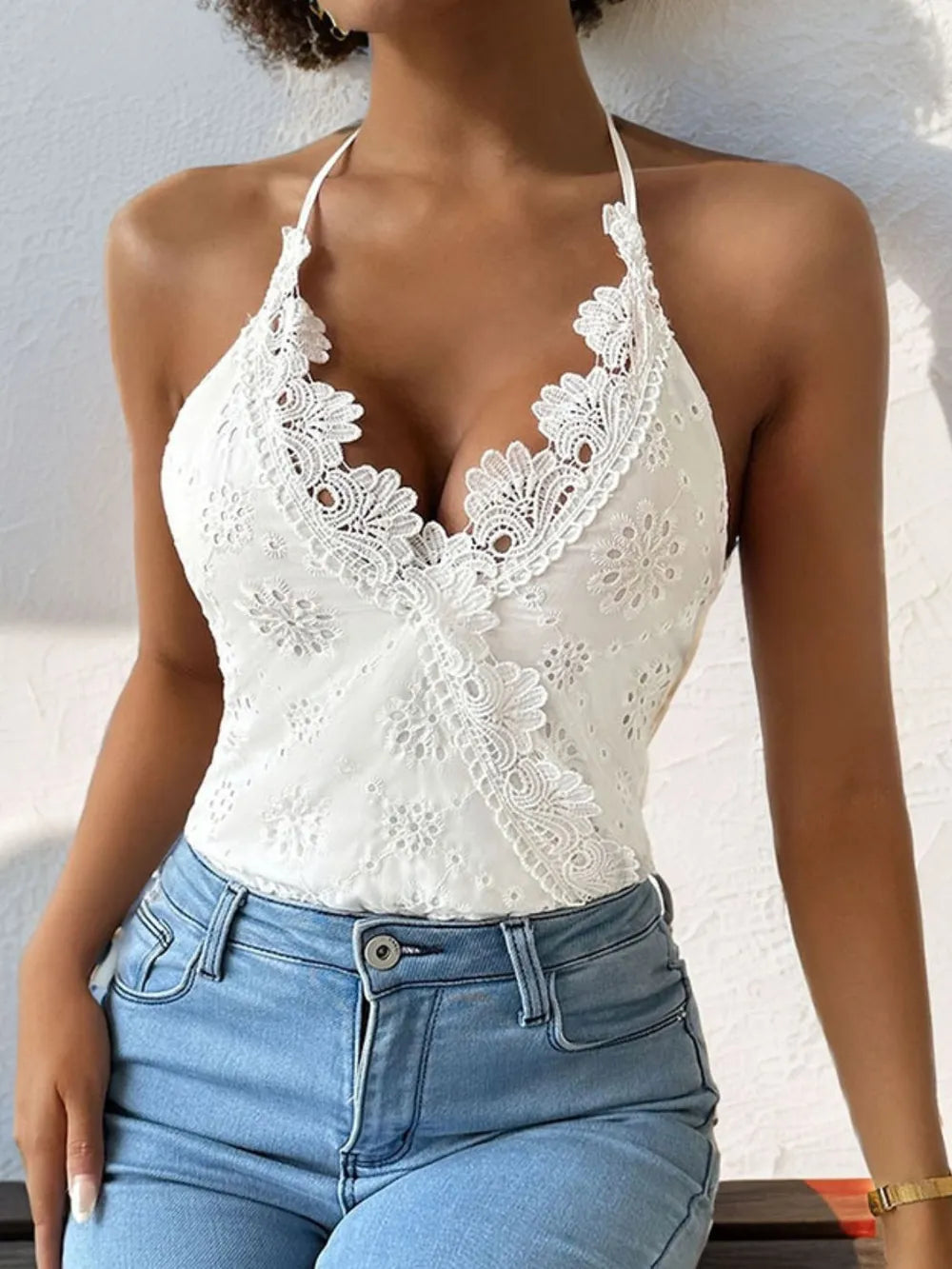 Women's Halter Neck Lace Bodysuit – Delicate, Tied & Effortlessly Sexy