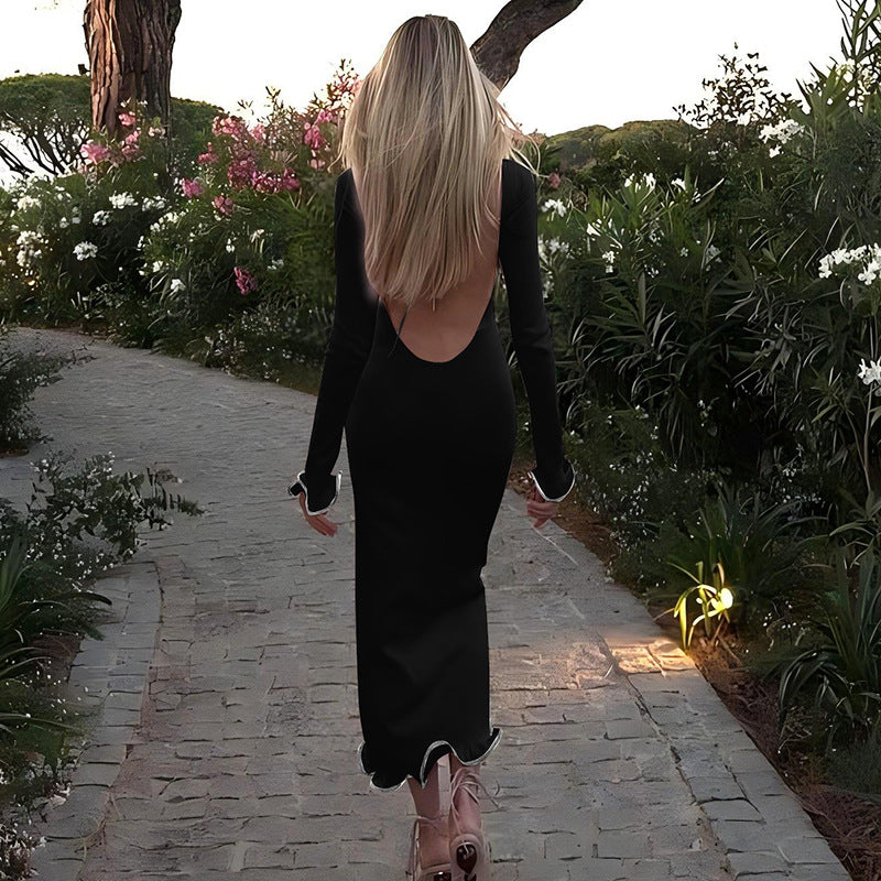 Backless Ruffle Hem Knit Maxi Dress – Flared Sleeve Long Dress