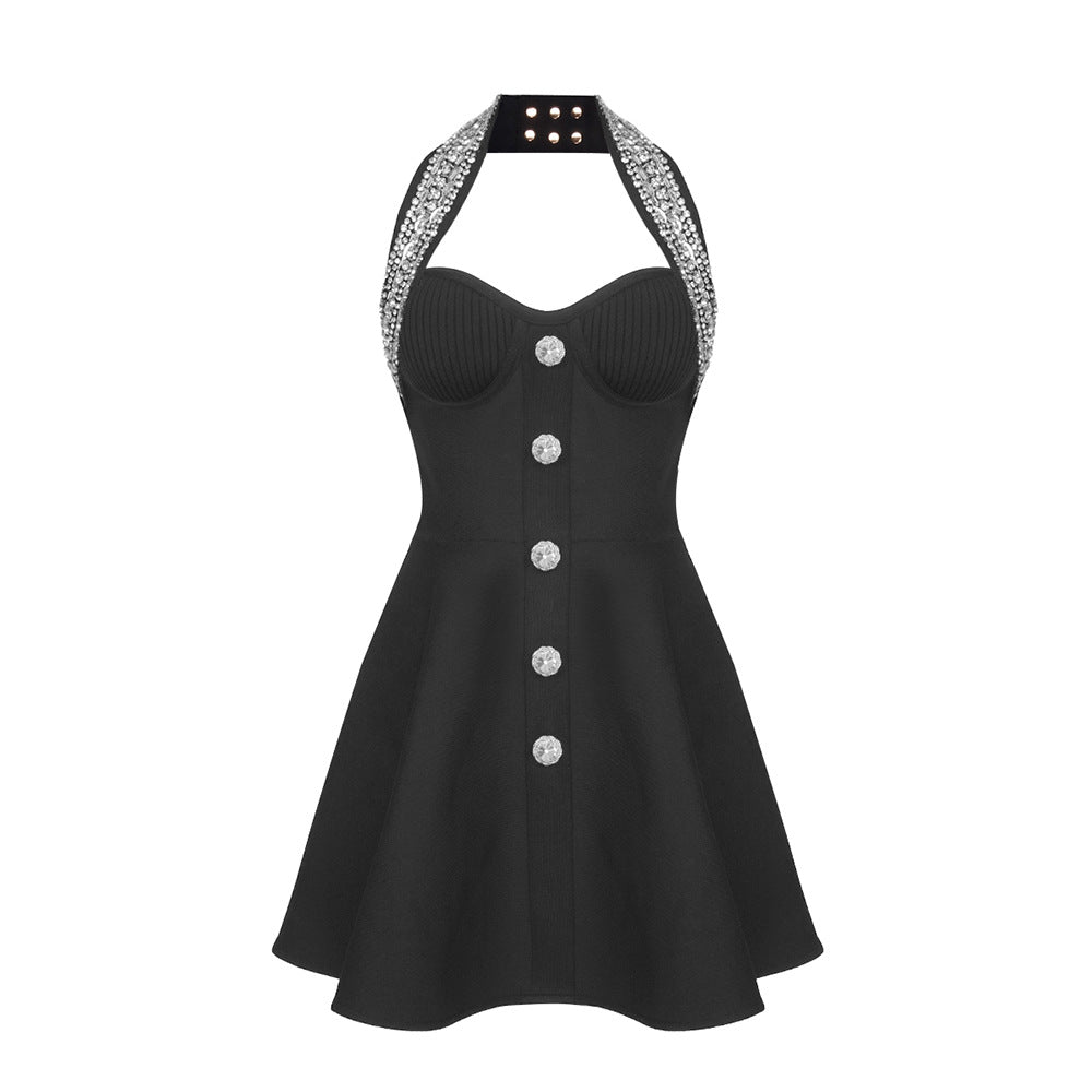 Rhinestone Halter Mini Dress – Waist-Cinching Party Bandage Dress