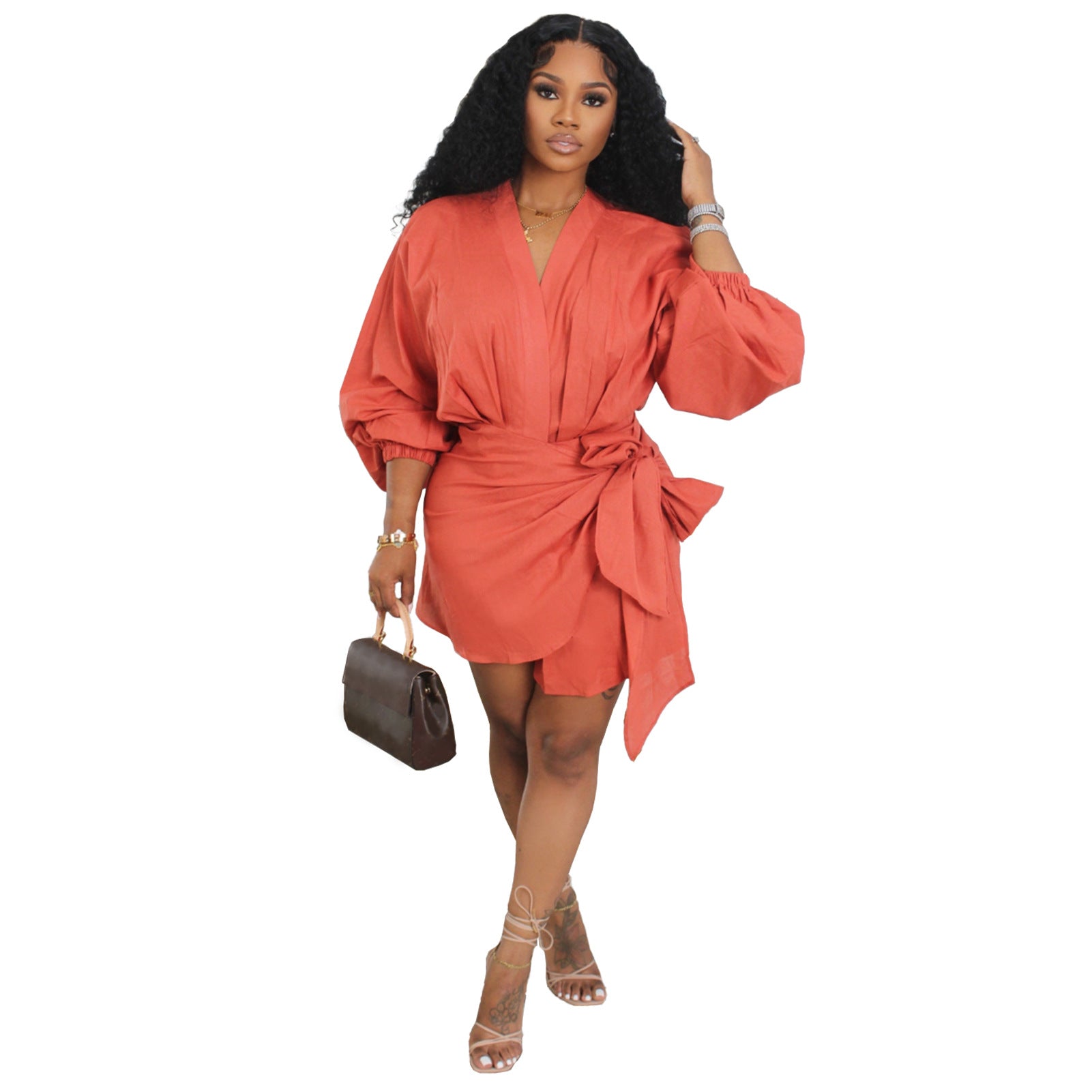 Linen V-Neck Lace-Up Midi Dress – Lantern Sleeve Casual Dress