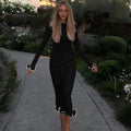 Backless Ruffle Hem Knit Maxi Dress – Flared Sleeve Long Dress