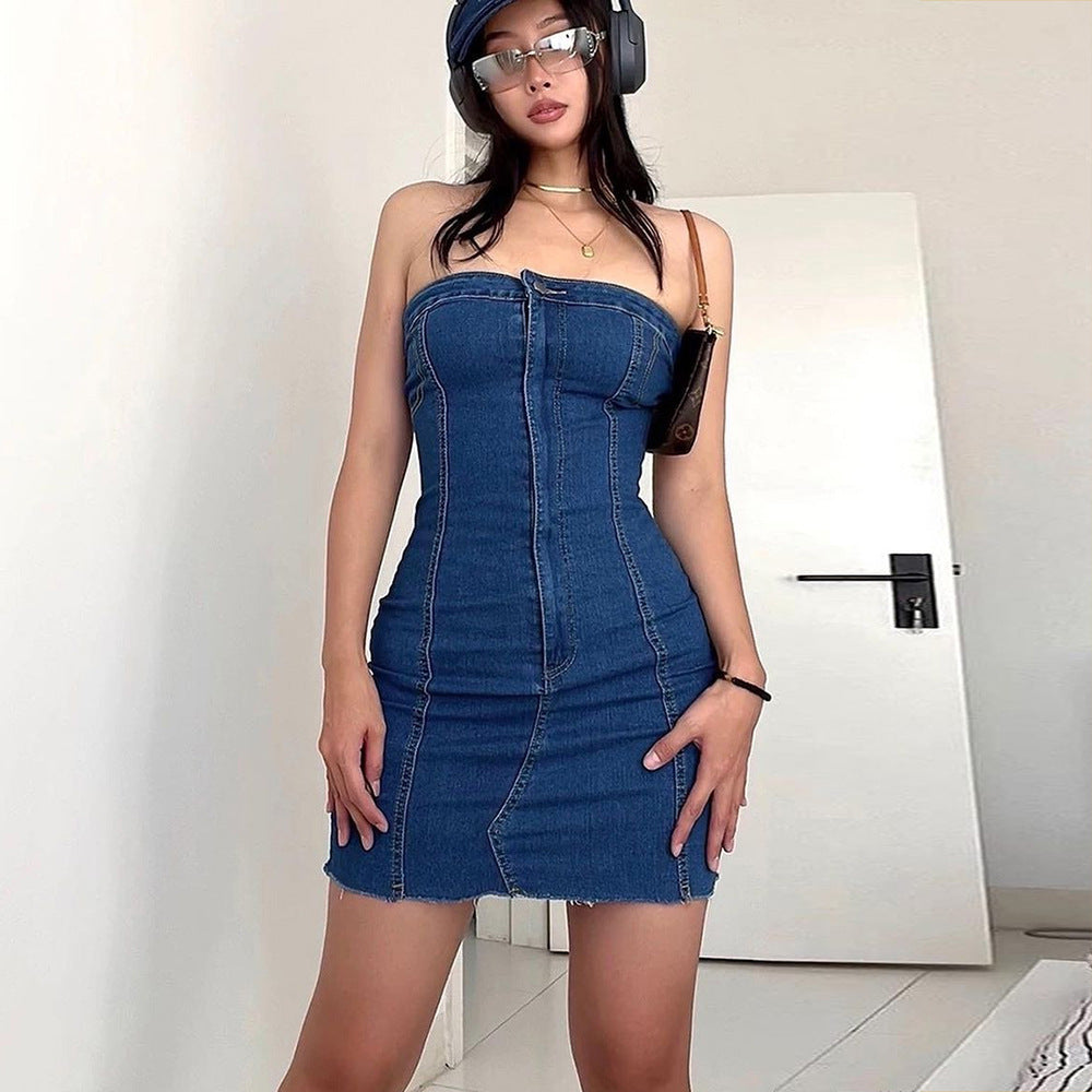 Denim Strapless Bodycon Mini Dress – Slim Fit Hip-Hugging Dress