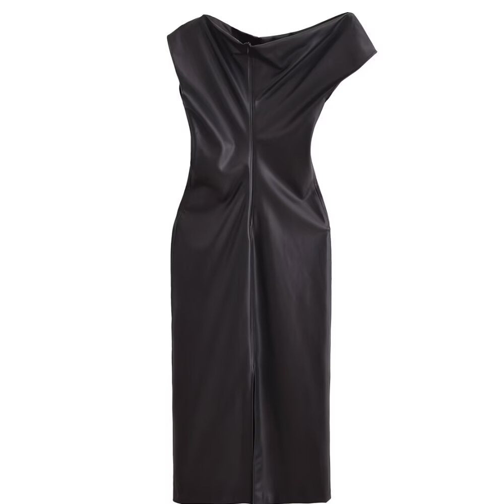 Asymmetric Faux Leather Pleated Midi Dress – Slim Fit High Waist