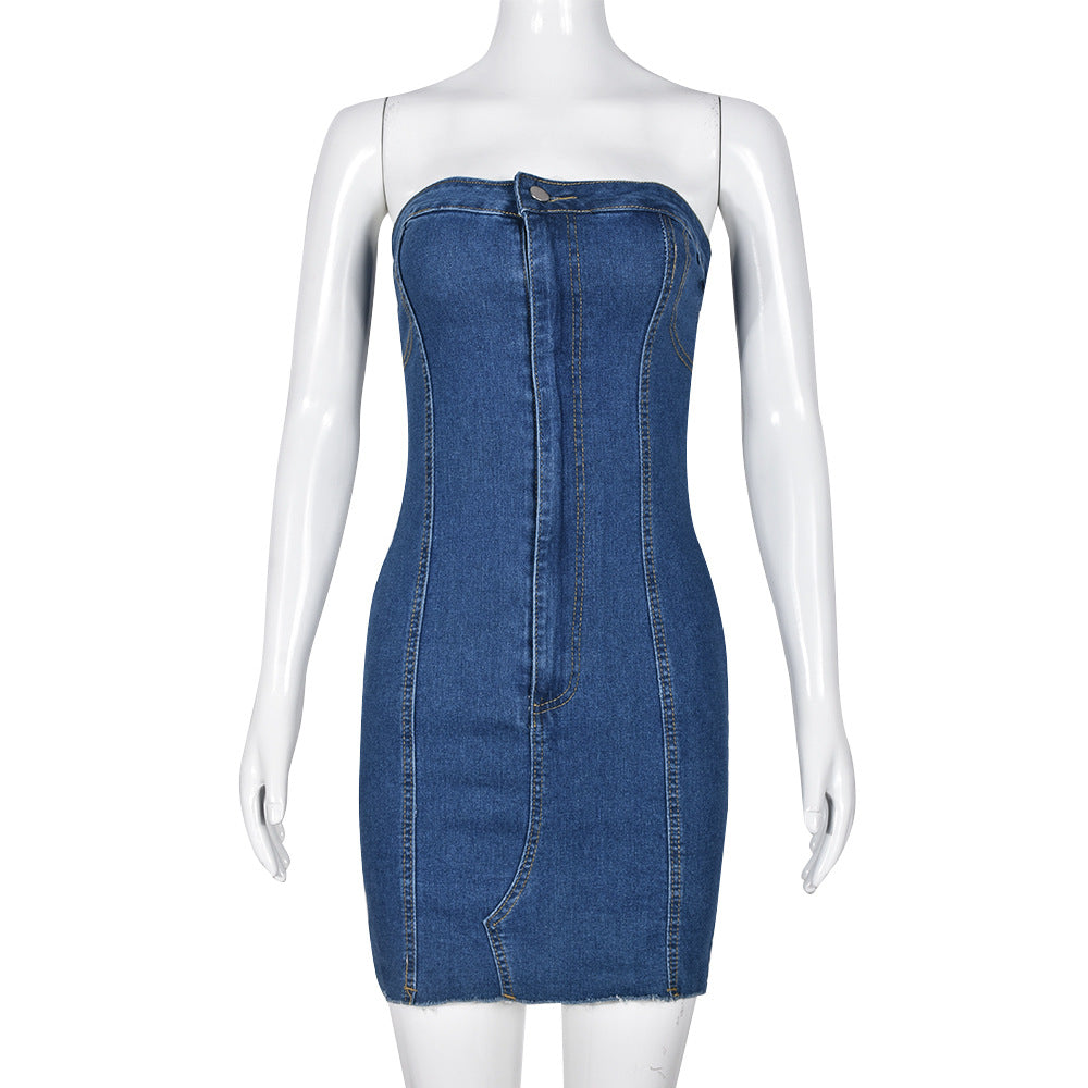 Denim Strapless Bodycon Mini Dress – Slim Fit Hip-Hugging Dress