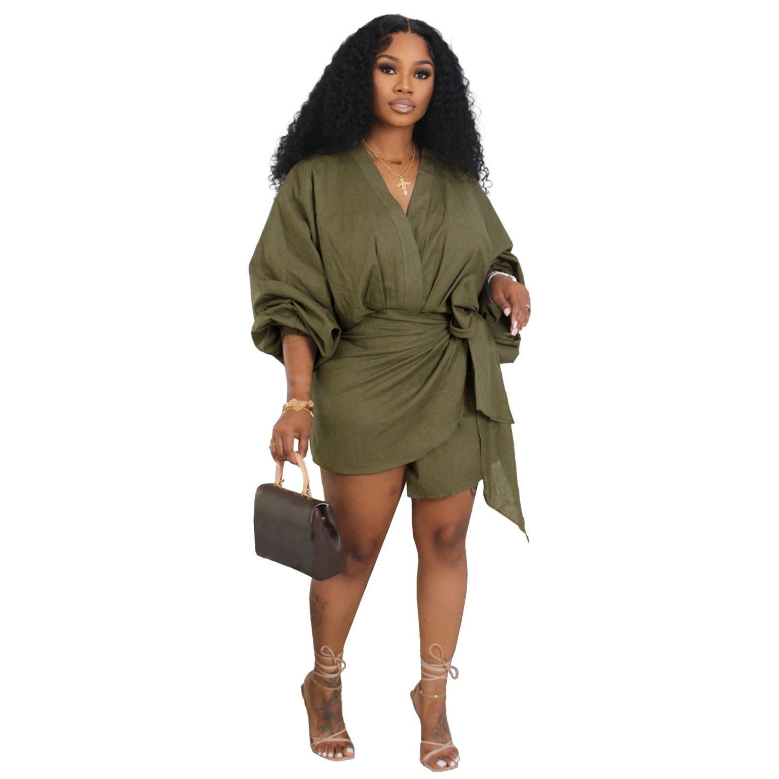 Linen V-Neck Lace-Up Midi Dress – Lantern Sleeve Casual Dress