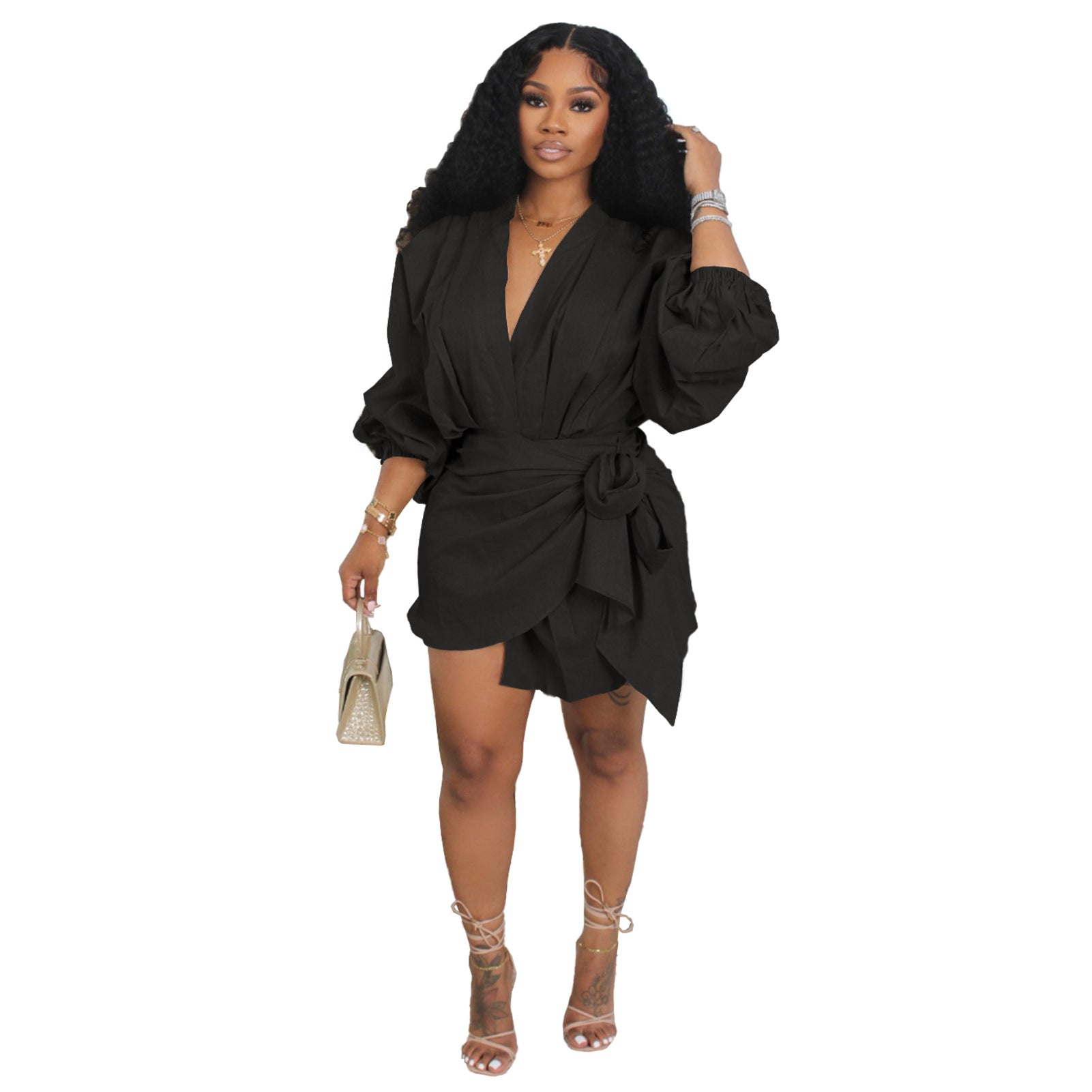 Linen V-Neck Lace-Up Midi Dress – Lantern Sleeve Casual Dress