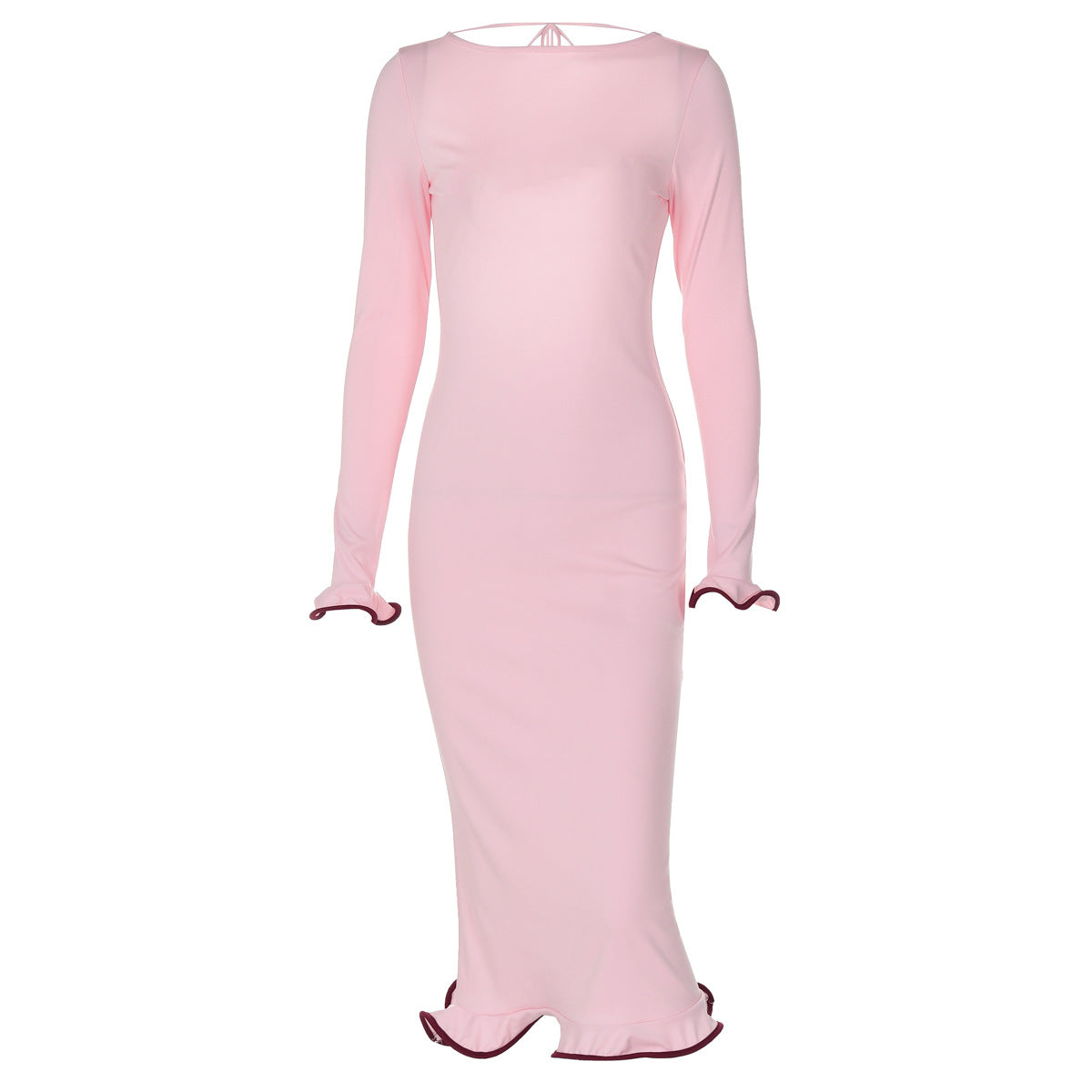 Backless Ruffle Hem Knit Maxi Dress – Flared Sleeve Long Dress