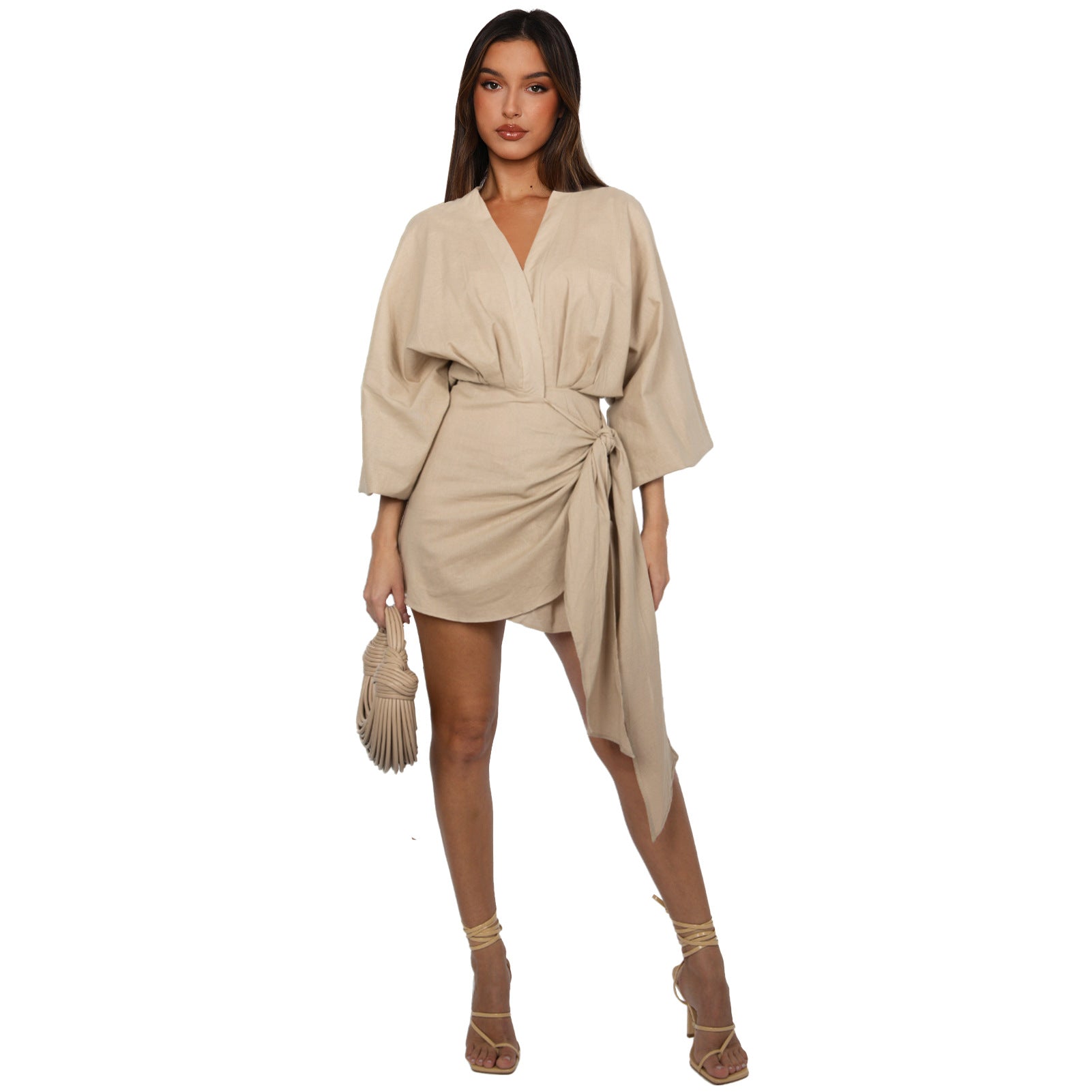 Linen V-Neck Lace-Up Midi Dress – Lantern Sleeve Casual Dress