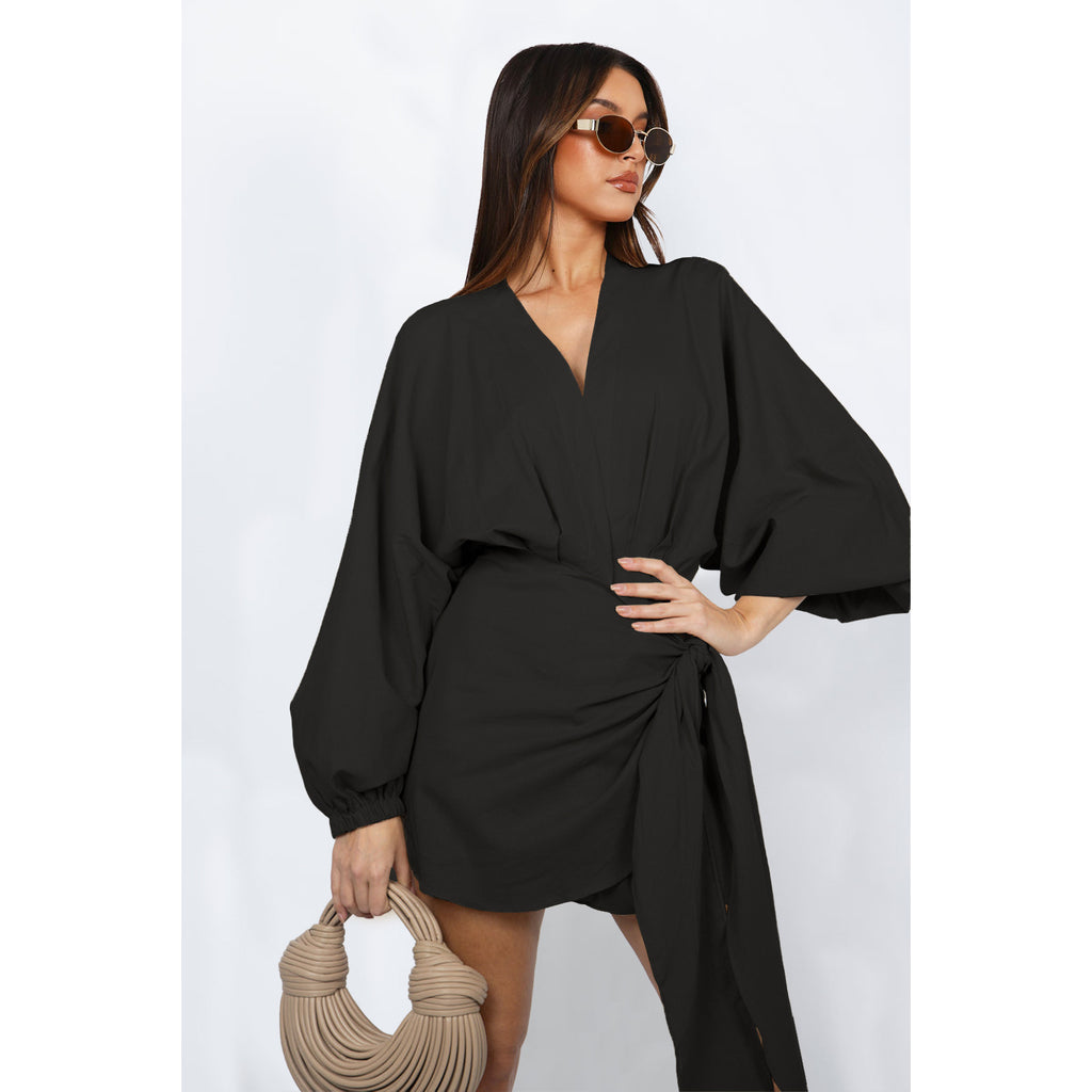 Linen V-Neck Lace-Up Midi Dress – Lantern Sleeve Casual Dress