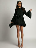 Lace-Up Waist Pleated Mini Dress – Loose Fit Long Sleeve Dress