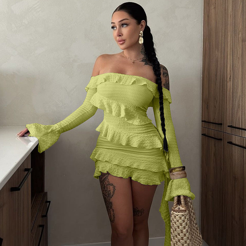 One-Shoulder Ruffle Sleeve Ribbon Mini Dress – Slim Fit Long Sleeve Dress