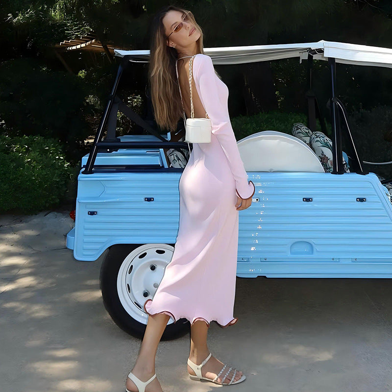 Backless Ruffle Hem Knit Maxi Dress – Flared Sleeve Long Dress