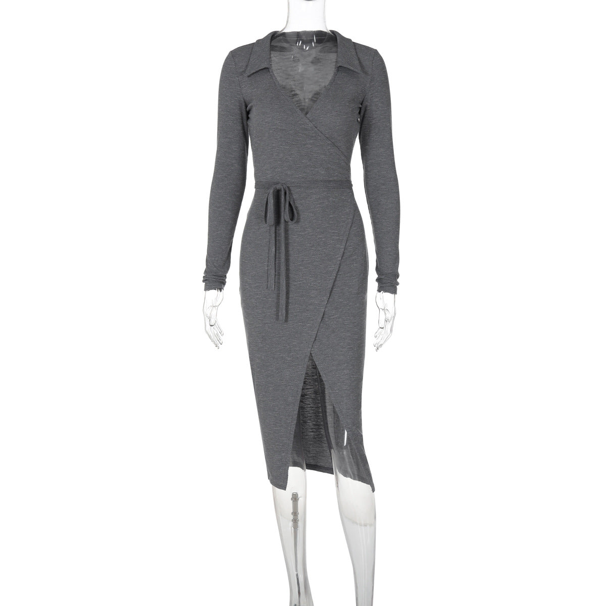 Tie-Waist Long Sleeve Split Midi Dress – Slim Fit Bodycon