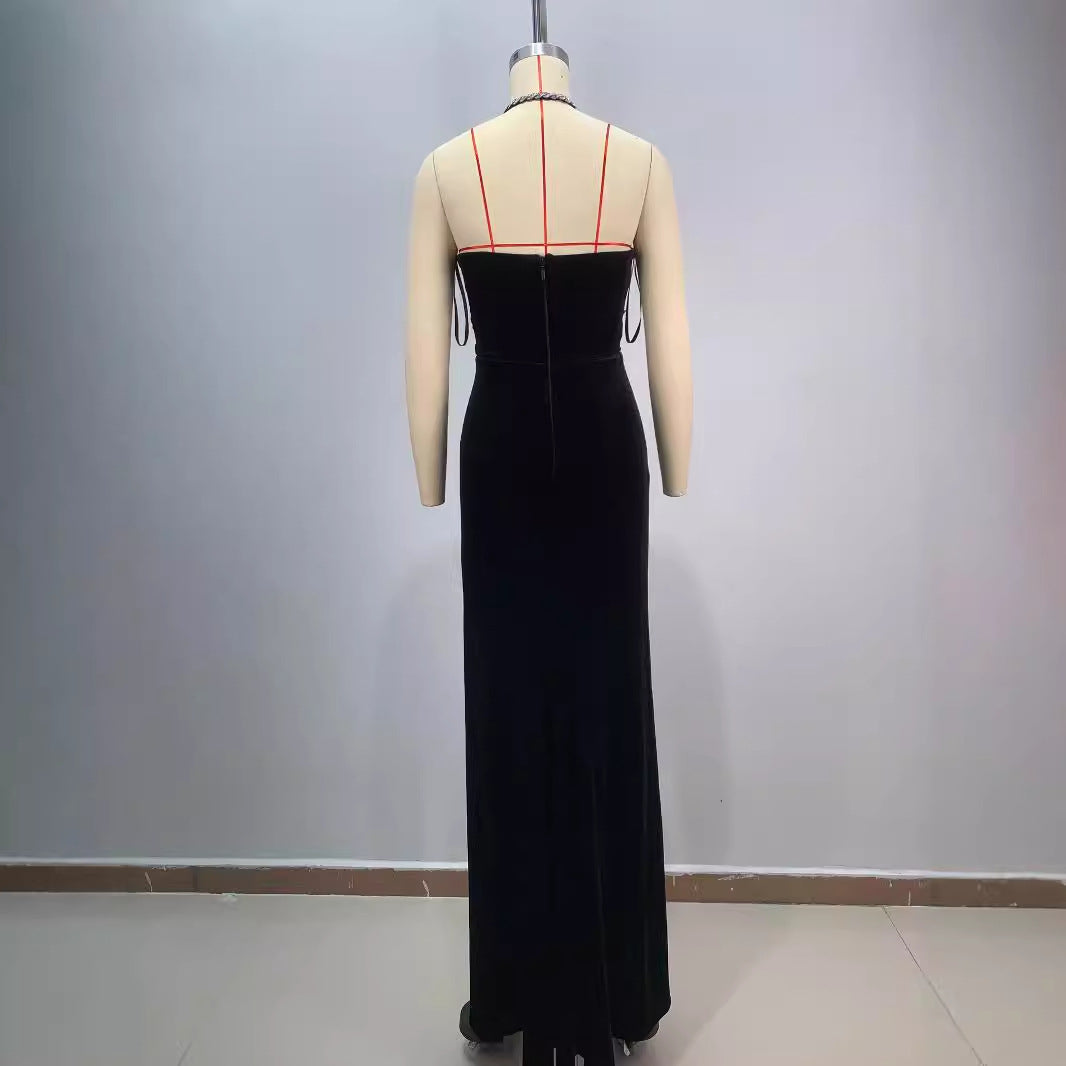 Backless Diamanté Halter Maxi Dress – Slim Fit Slit Evening Gown