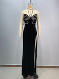 Backless Diamanté Halter Maxi Dress – Slim Fit Slit Evening Gown