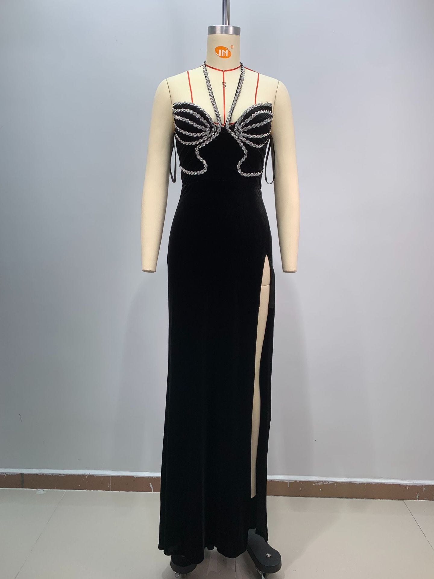 Backless Diamanté Halter Maxi Dress – Slim Fit Slit Evening Gown