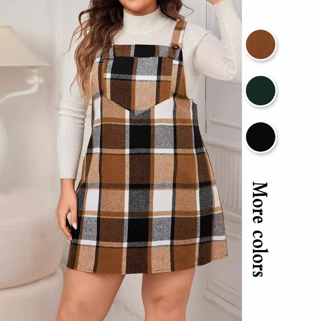 Plaid Pinafore Maxi Dress – Oversized Long Sleeve A-Line Dress with Pockets