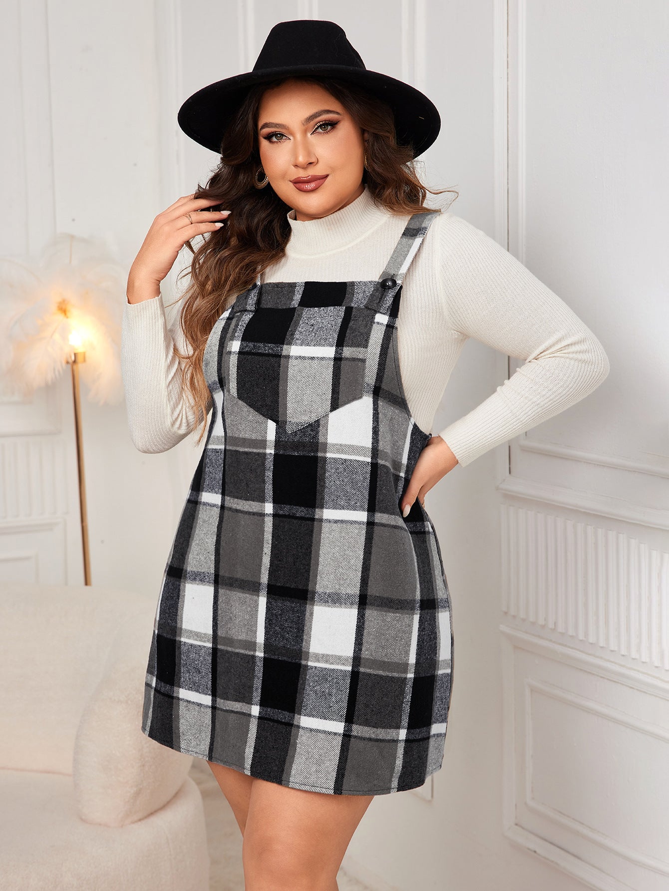 Plaid Pinafore Maxi Dress – Oversized Long Sleeve A-Line Dress with Pockets