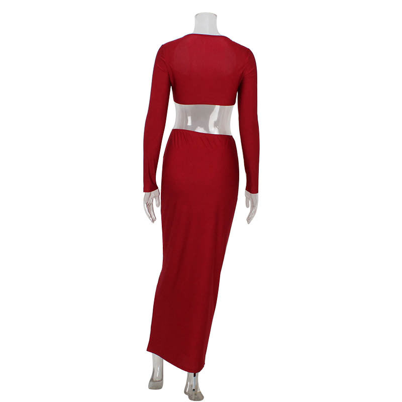 Strapless Crop Top & High-Waist Maxi Skirt Two-Piece Set – Slim Fit Long Sleeve