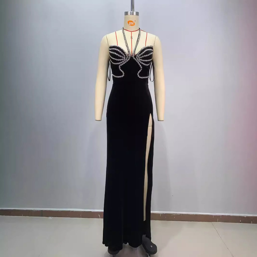 Backless Diamanté Halter Maxi Dress – Slim Fit Slit Evening Gown