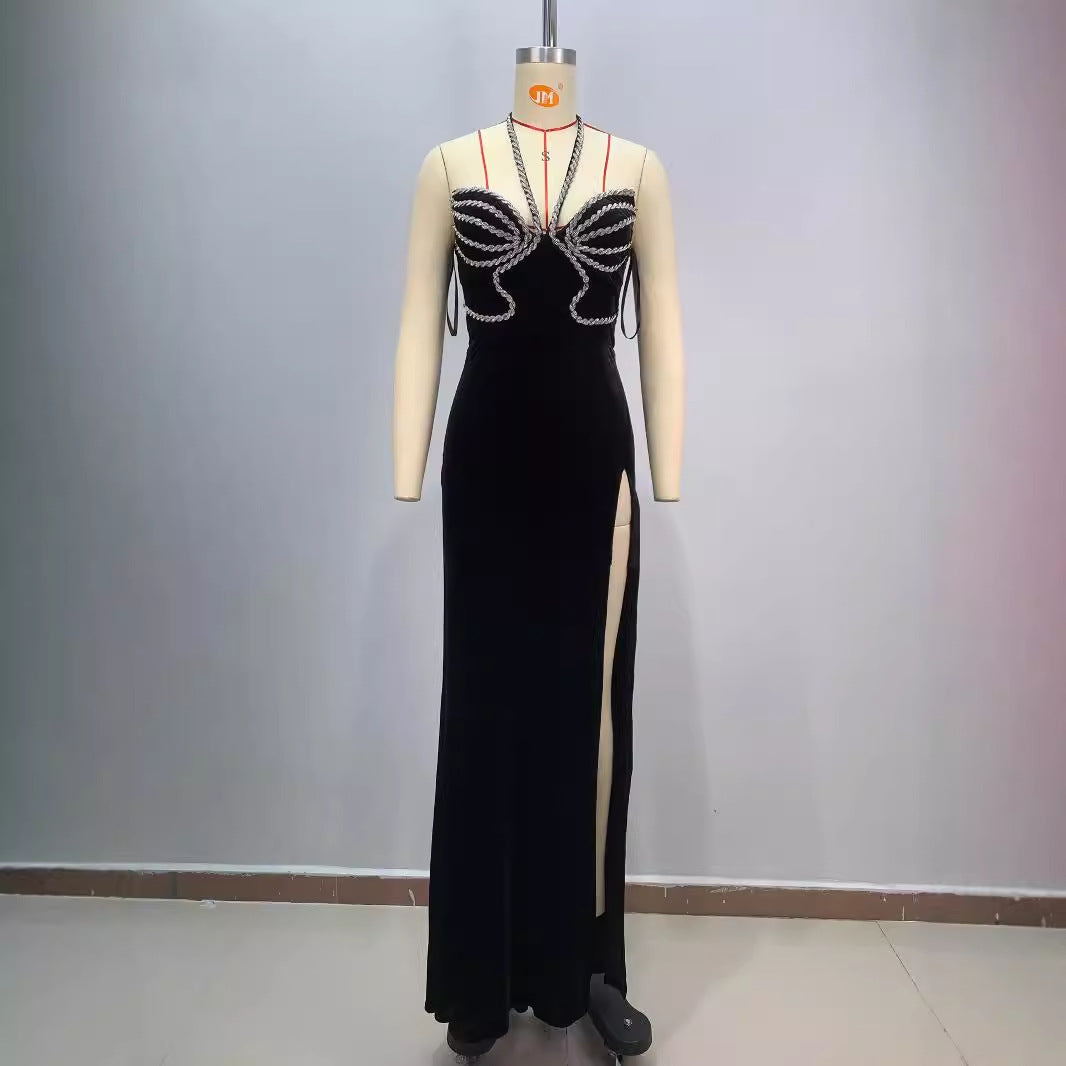 Backless Diamanté Halter Maxi Dress – Slim Fit Slit Evening Gown