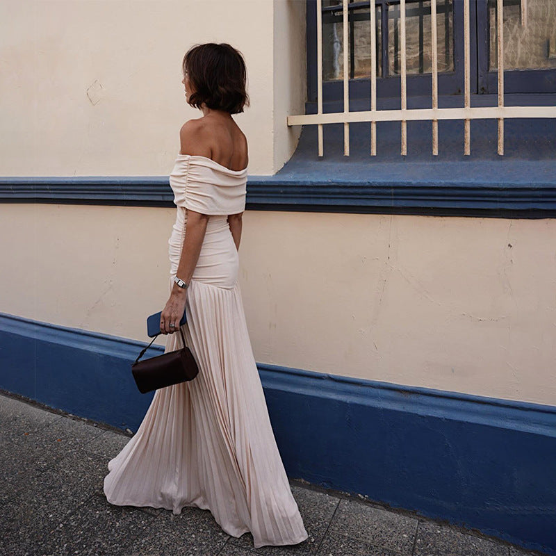 Pleated Strapless Bodycon Maxi Dress – High Waist Slim Fit Dress