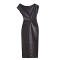 Asymmetric Faux Leather Pleated Midi Dress – Slim Fit High Waist